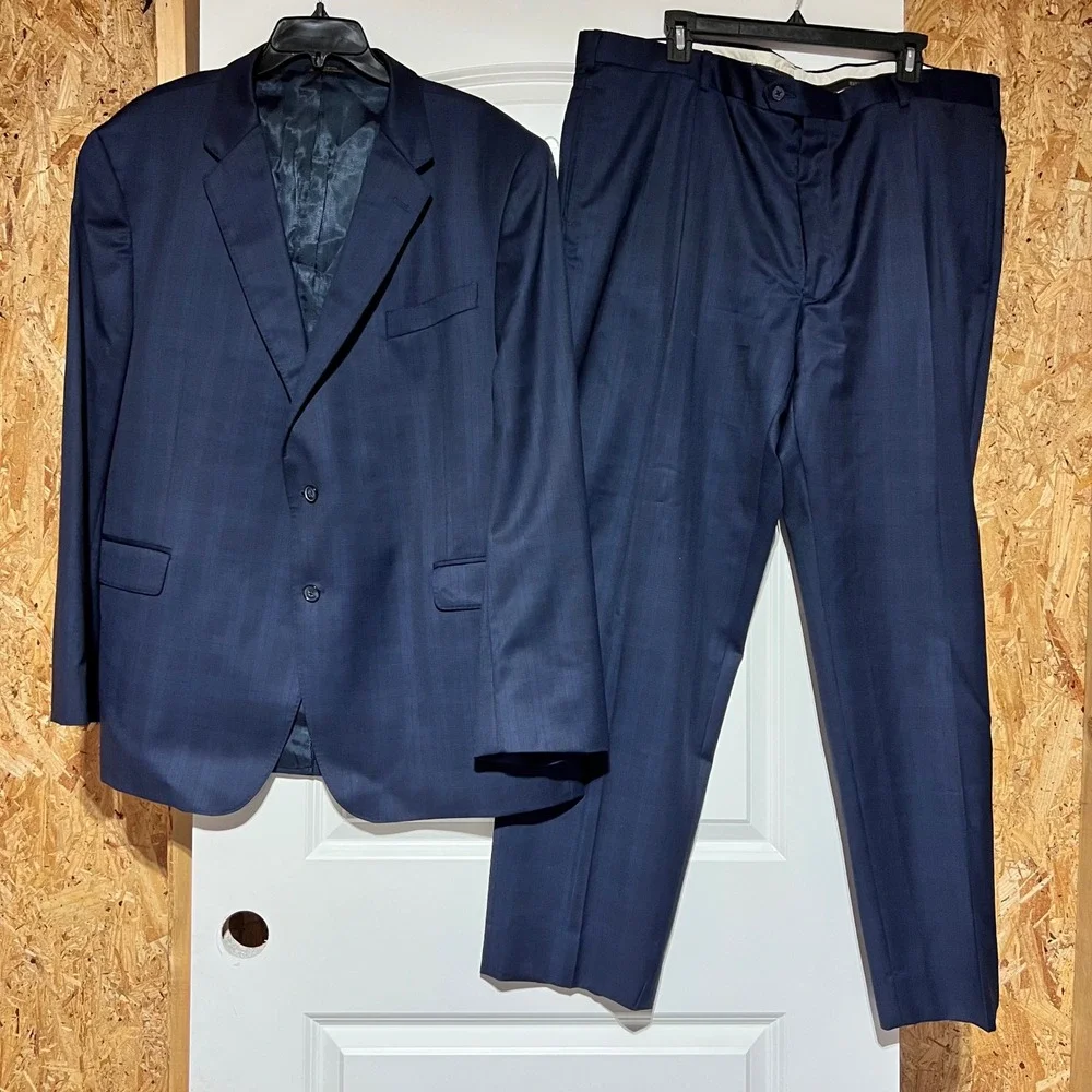 Jos. A. Bank Reserve Navy Blue Glen Plaid 100% Wool Suit 48R W42 3405/2DB